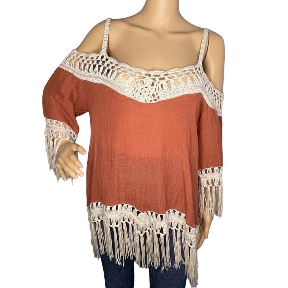Dreamers Boho Hippie Off Shoulder Fringe Blouse Top Burnt Orange Cream Size XL